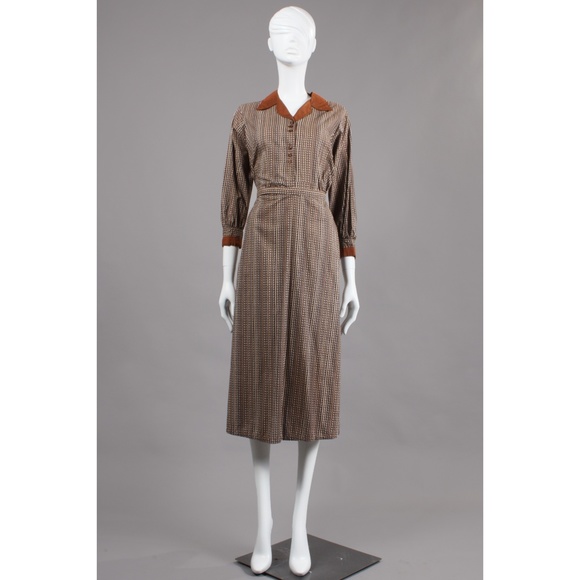L Vintage 1940s Brown Cotton Tea Length Day Dress - Picture 2 of 8